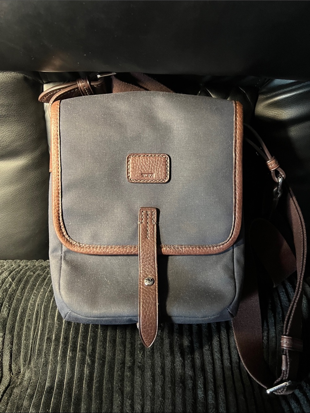 Tumi Navy and Brown Leather-Trim Crossbody Bag